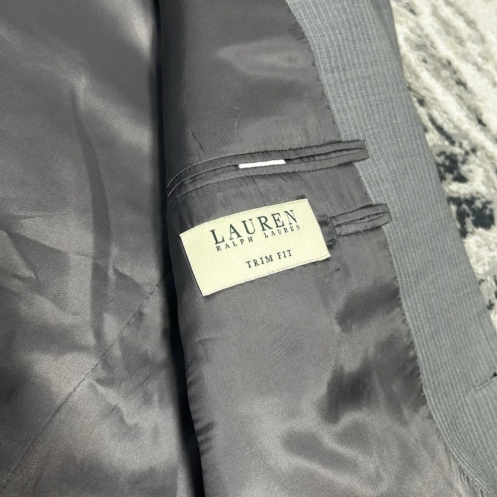 Lauren Ralph Lauren Blazer Sport Jacket 46 L Gray 100% Wool Trim Fit Pin Striped